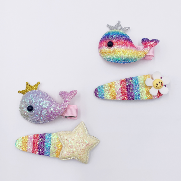 Kids Glitter Whale Hair Clip Set